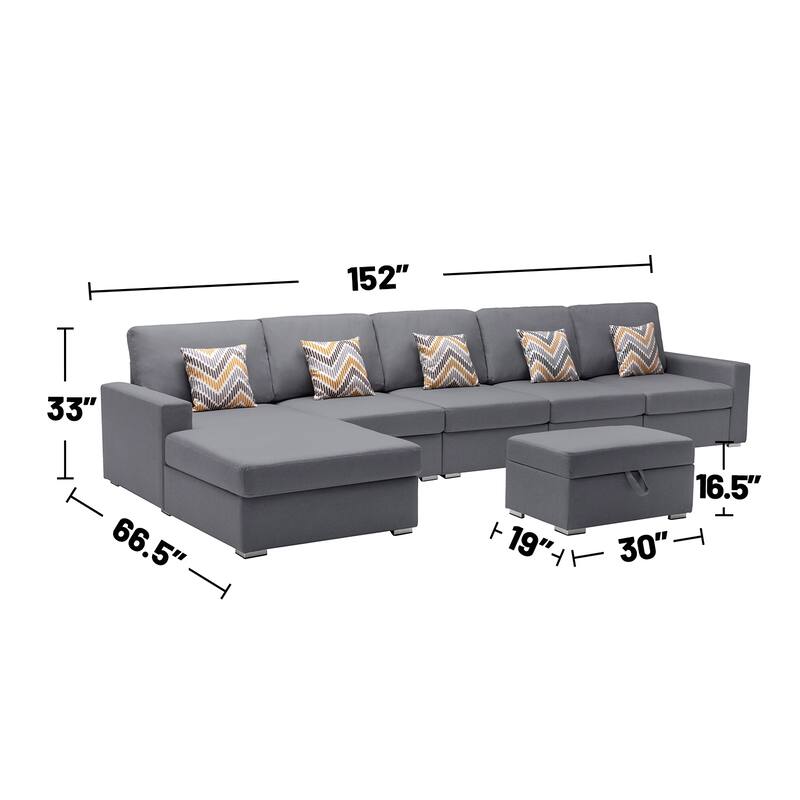 Linen Fabric 6 Piece Reversible Sectional Sofa Chaise with Interchangeable Legs, Pillows and Storage Ottoman in Grey