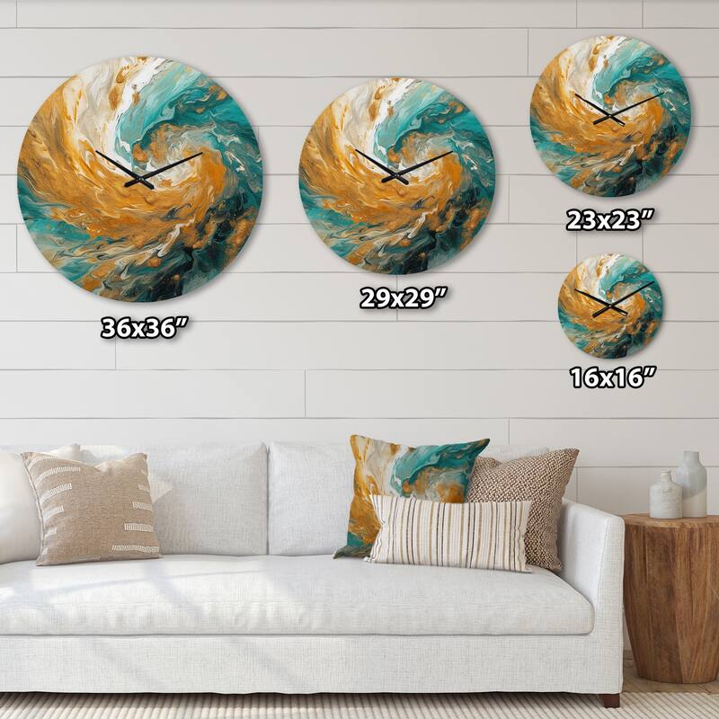Designart "Golden Ocean Spiral Waves Painting I" Abstract Spirals Oversized Wall Clock