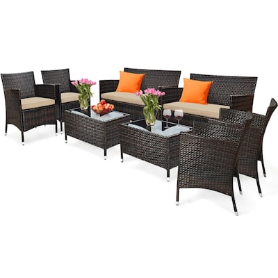 8PCS Patio Rattan Conversation Set Outdoor Furniture Set w/ End Table