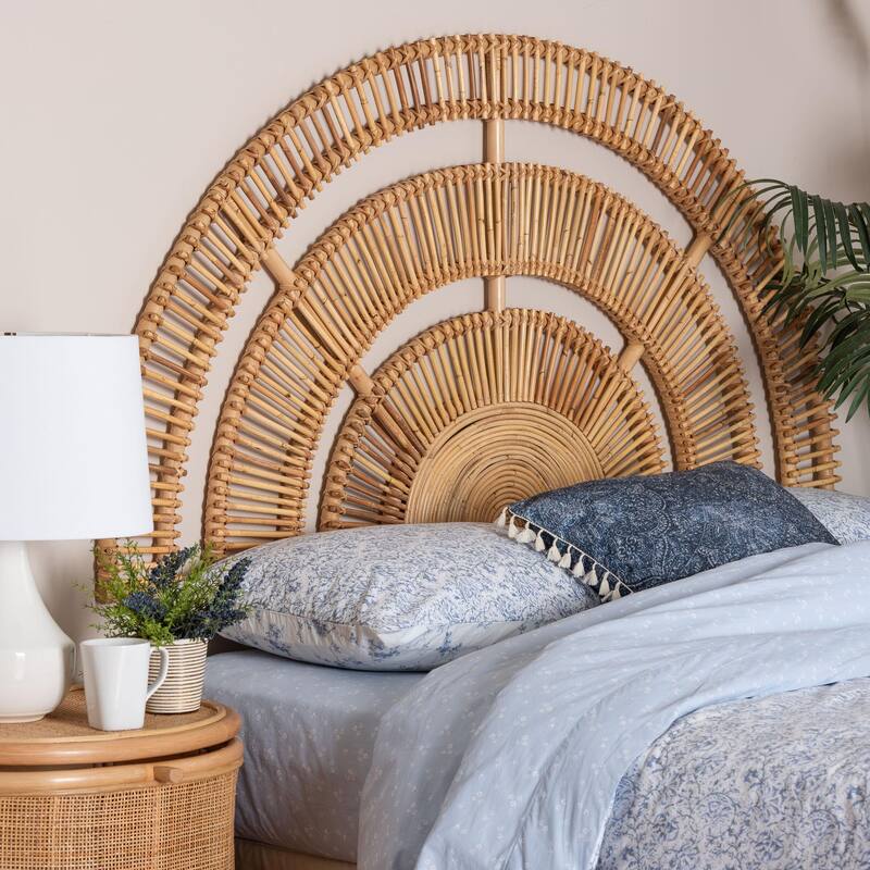 Natural Rattan Headboard - Handwoven Wicker Wall-Mount Headboard in Half-Moon Shape, Coastal Boho Bedroom Backdrop, Queen