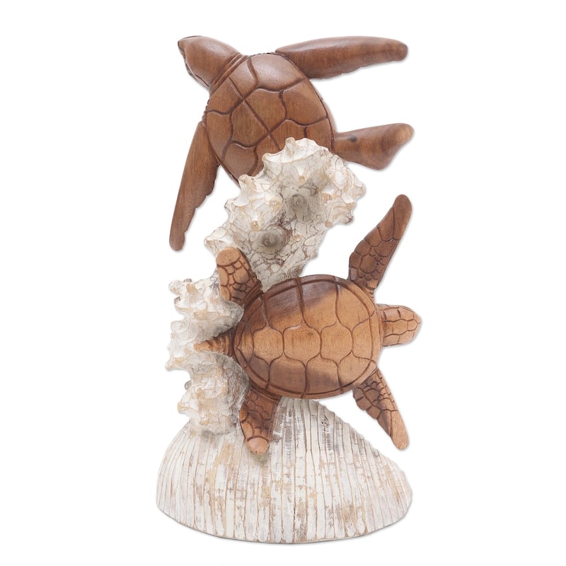 Novica Handmade Turtles And Coral Wood Sculpture