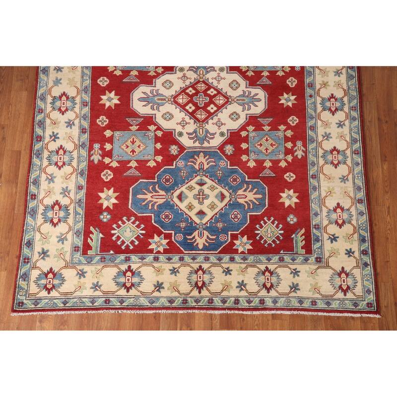 Traditional Kazak Area Rug Hand-Knotted Red Wool Carpet - 5'8" x 7'9"