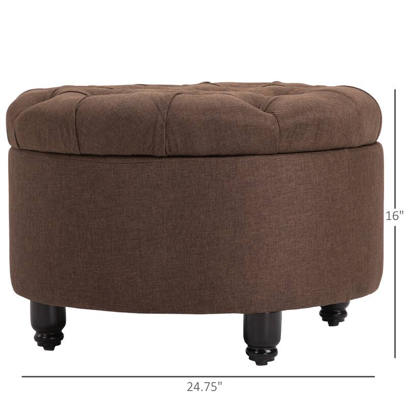 HOMCOM Round Linen Fabric Storage Ottoman Footstool with Removable Lid