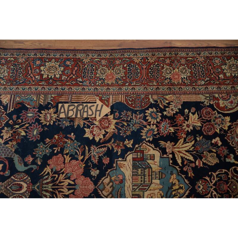 Hand Knotted Oriental 100% Wool Carpet Traditional Floral Navy Blue & Blues Kashan (Dabir) Area Rug - 7' 1'' X 4' 2''