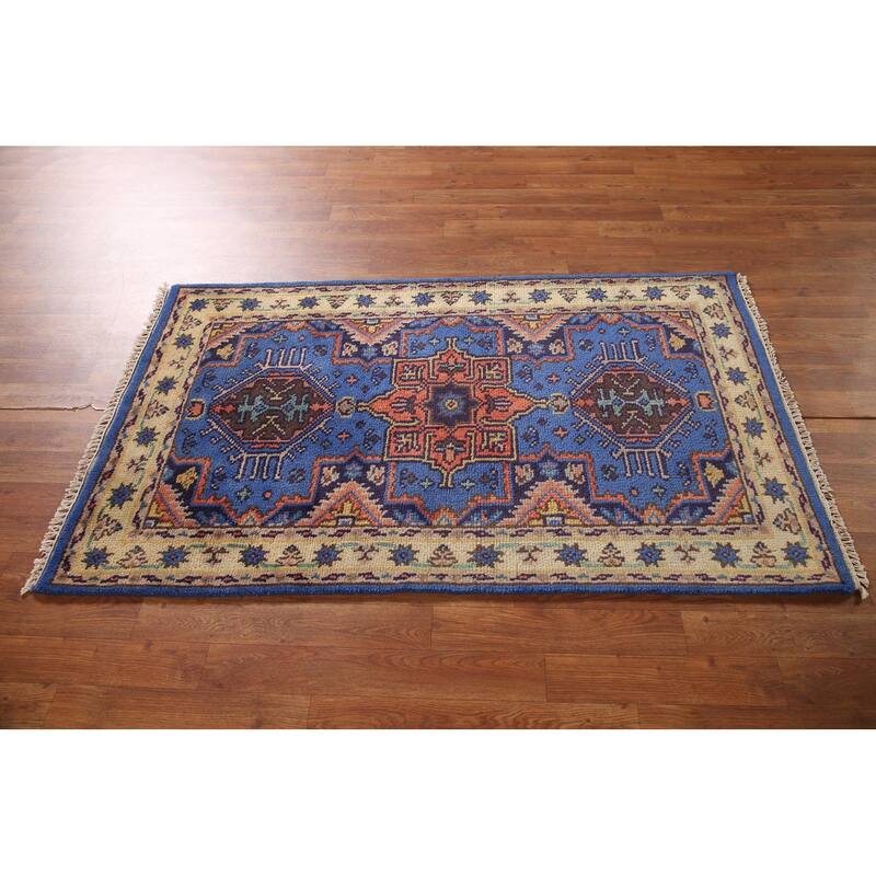 Blue Geometric Kazak Oriental Accent Rug Handmade Wool Carpet - 3'0"x 5'0"