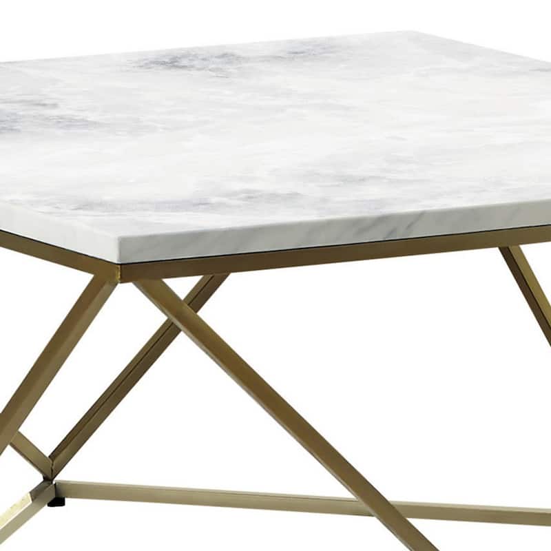 36 Inch Modern Square Coffee Table, White Faux Marble Top, Slender Gold Base