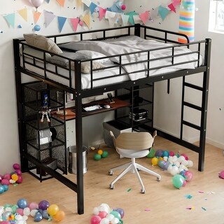 Kids and Baby Full Size Metal Loft Bed with Built-in Desk,Shelves