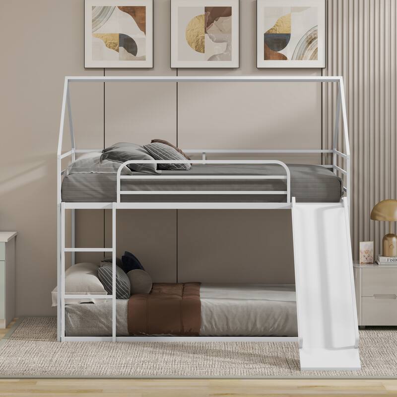 Metal Twin Over Twin Bunk Bed with Ladder and Slider, Sturdy and Safe Design
