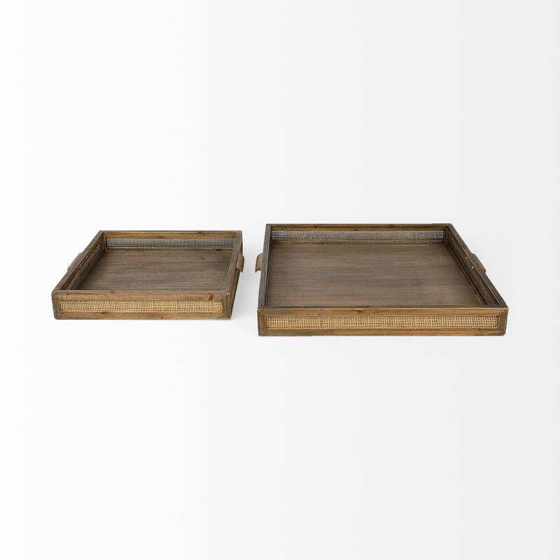 Sonny 23.6L x 23.6W x 2.0H Set of Two Brown Wood and Wicker Square Trays - 23.6L x 23.6W x 2.0H