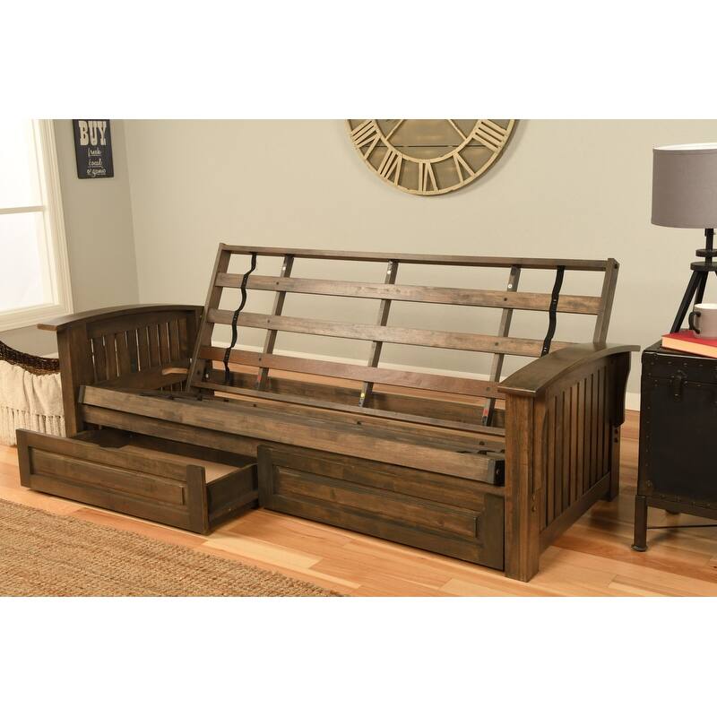 Somette Washington Queen-size Storage Futon Set in Rustic Walnut with Linen Mattress