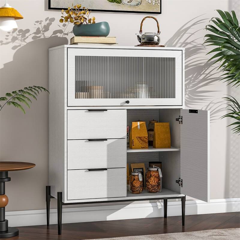 Wood Sideboard with 3 Drawers, 1 Door and 1 Glass Door