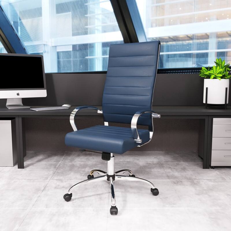 Benmar High-Back Leather Office Desk Chair in Stainless Steel Frame Adjustable Height Tilt Lock 360 Swivel Ergonomic Chair