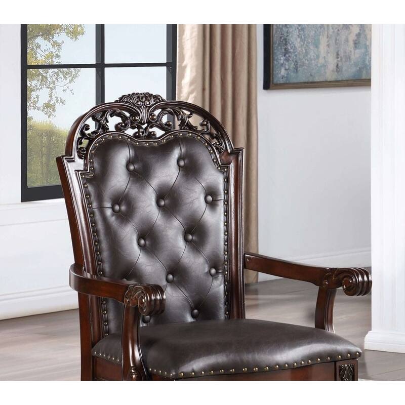 Traditional Set of 2pcs Arm Chairs Brown Cherry Solid wood Espresso Leatherette Tufted Formal Dining Room