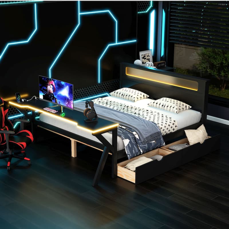 GDFStudio - Solid Wood Full Size Gaming Platform Bed with LED, Desk & Storage - Black - Full