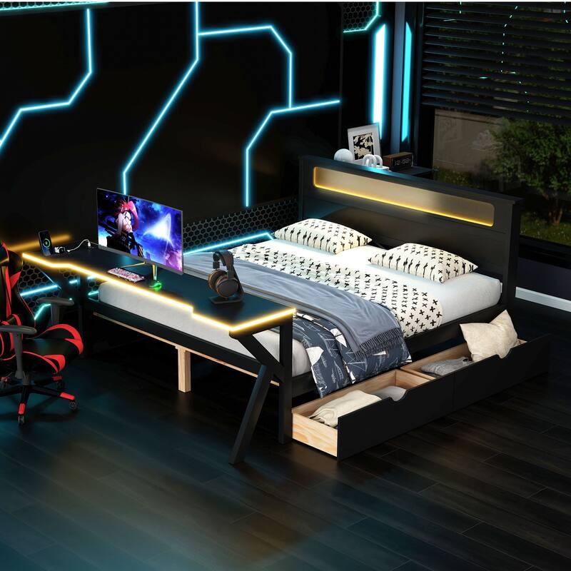 Wooden Gaming Platform Bed with LED Headboard, LED Desk, USB and 2 Storage Drawers, Black Bed Frame