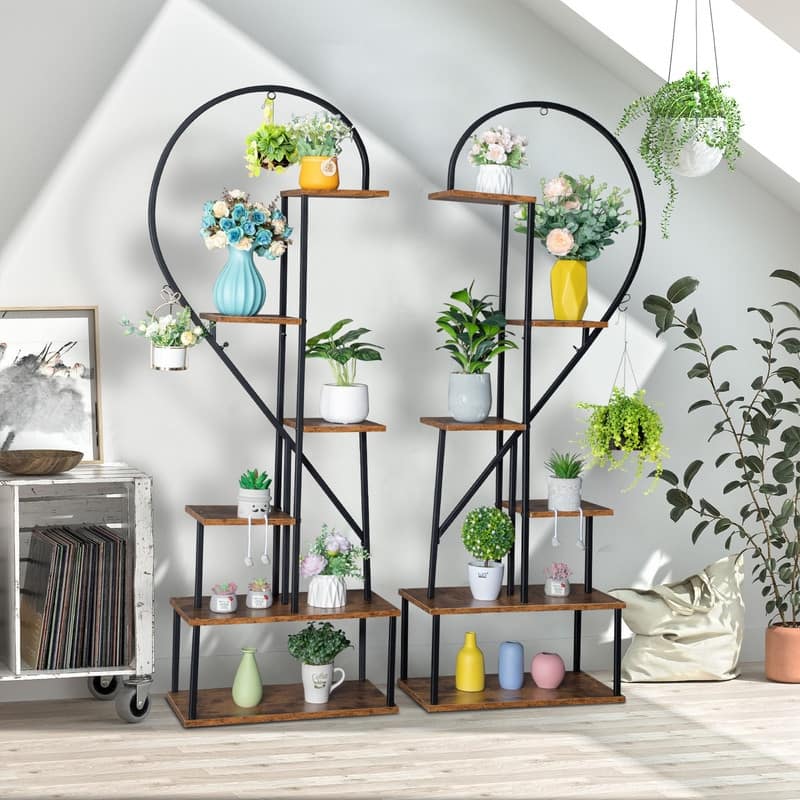 6 Layers Half Heart Iron Wood Plant Stand Flower Pot Stand