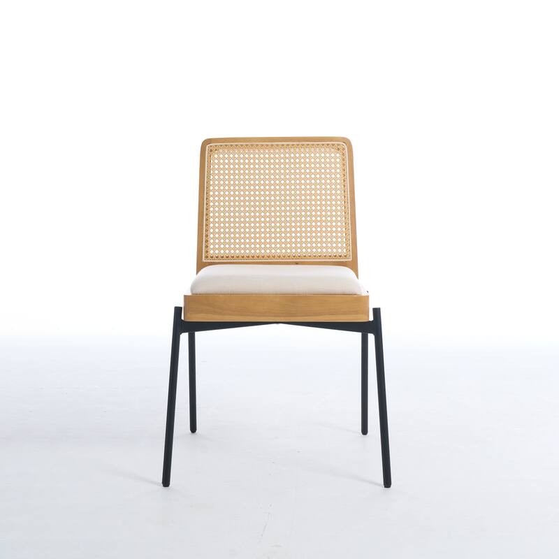 Dining Chairs Set of 2, Accent Linen Fabric Side Chairs with Rattan Backrest Metal Legs Kitchen Chairs for Dining Room
