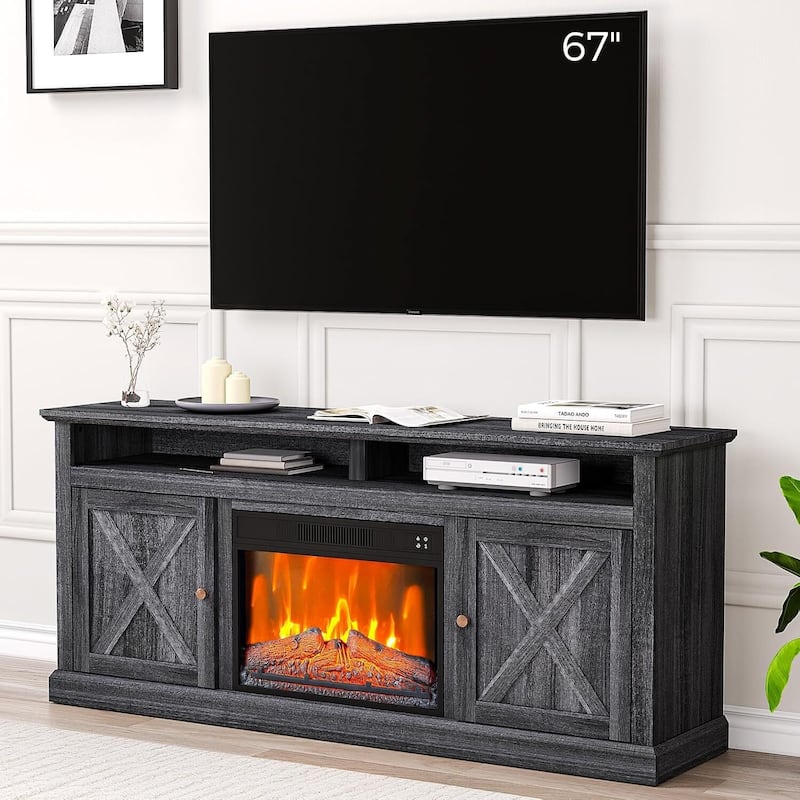 67'' Fireplace TV Stand with Glass Door Closed Storage - 65 inches - Grey