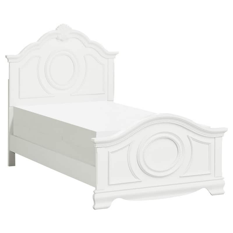 Lilya Traditional Full Size Bed, Bead Molding and Shell Motif, Crisp White