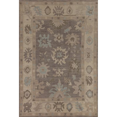 Oushak Turkish Area Rug Hand-Knotted Transitional Beige Wool Carpet - 6'2"x 8'11"
