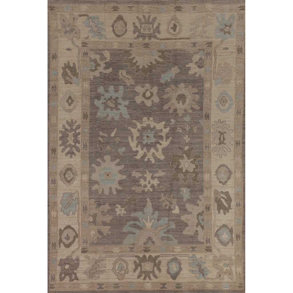 Oushak Turkish Area Rug Hand-Knotted Transitional Beige Wool Carpet - 6'2"x 8'11"