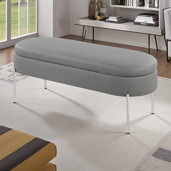 slide 2 of 7, 48"L Chloe Contemporary/Glam Bench in Chrome Metal and Faux Leather with Flip-Top Lid and Multi-Use Design Grey