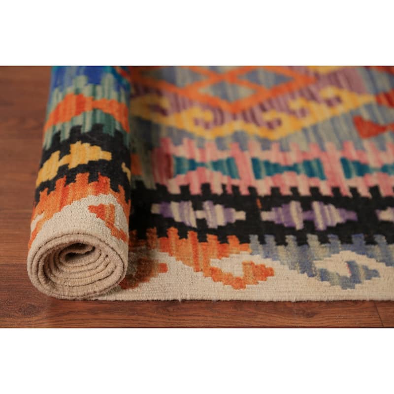 All-Over Geometric Kilim Oriental Area Rug Flatweave Wool Carpet - 8'10"x 11'2"