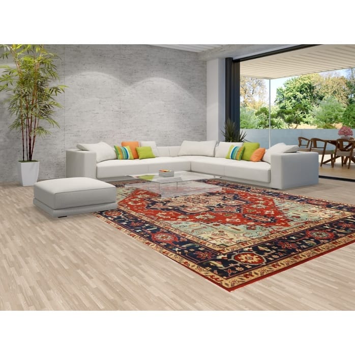 Medallion Heriz Serapi Large Rug Hand-Knotted Orange Wool Carpet - 9'9" x 13'8"