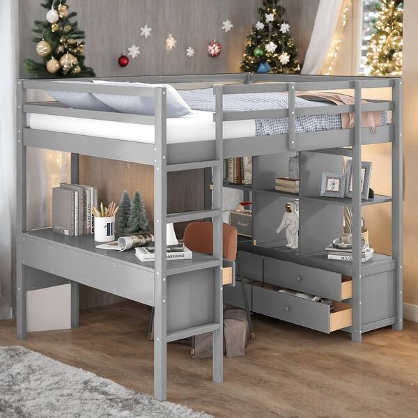 slide 2 of 18, Full Size Loft Bed With Built-in Desk With 2 Drawers And Shelves for Home Grey Pine
