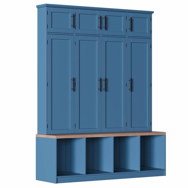 Farmhouse Hall Tree with 4 Hidden Hooks, Versatile Bench with 8 Doors
