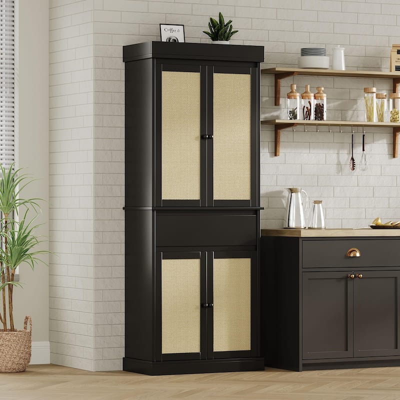 Kitchen Pantry Cabinet, Tall Storage Cabinet with Rattan Doors and Adjustable Shelves, Freestanding Cupboard