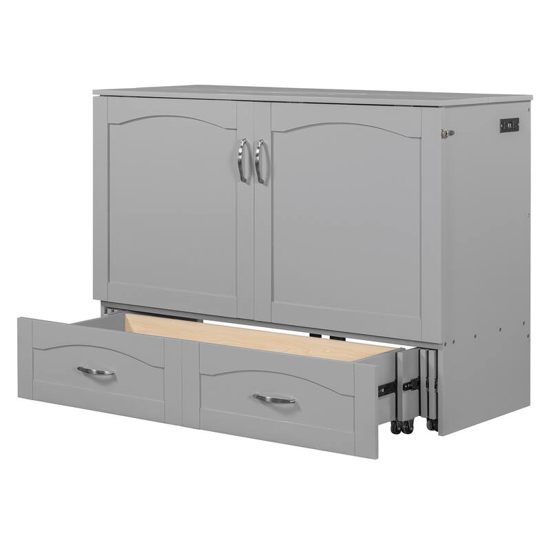 Space-Saving Full Size Murphy Bed with Drawers, USB Ports, and Pulley Design in Gray