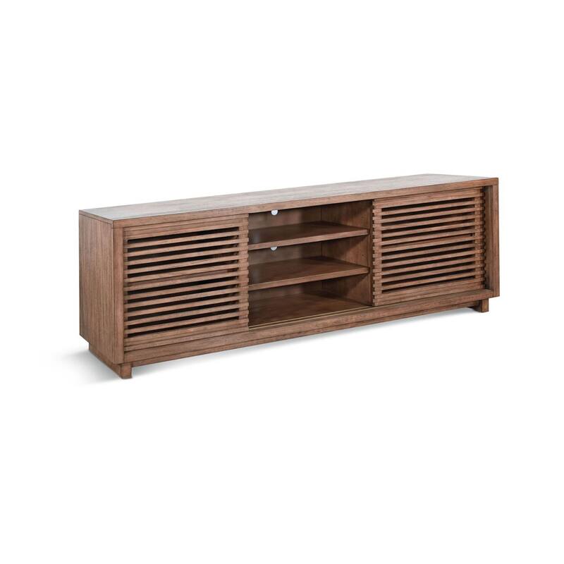 Jave TV Stand Media Cabinet, Slatted Doors, Shelves, Brown Wood, 85 Inch