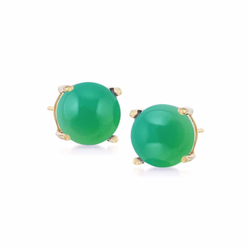 18K Yellow Over Sterling Silver 8mm Round Genuine Gemstone Stud Earrings - Green - Jade