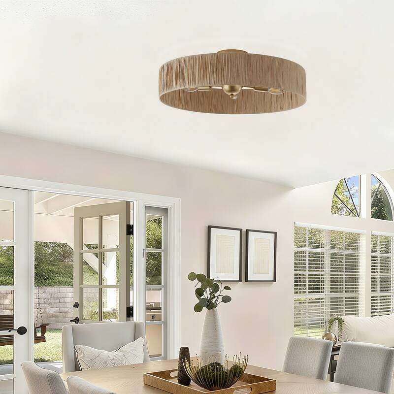 5-Light Natural Raffia Semi Flush Mount Ceiling Light- Farmhouse Rustic - 21.65"x21.65"x7.2"