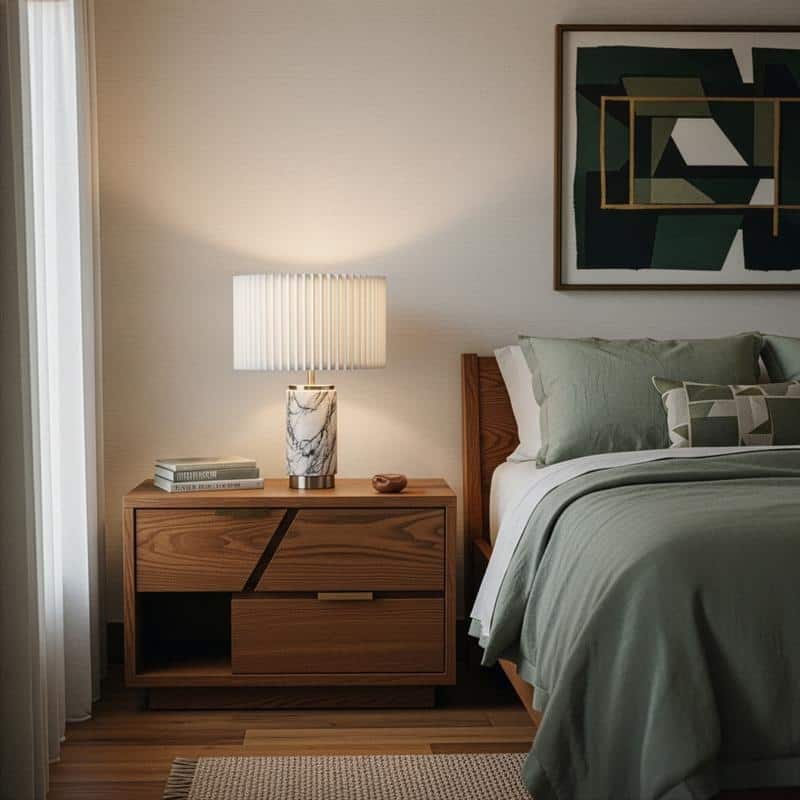 Brightech Arden 17 in. Marble Mid-Century Modern LED Table Lamp with Fabric Drum Shade and Built-In Charging Port