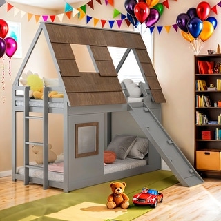 Twin Size House Bunk Bed with Ladder and Climbing Ramp,Kids Bed Design