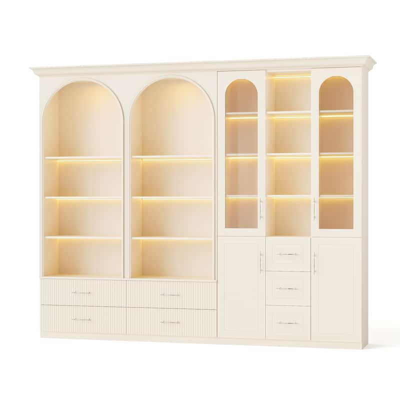 Modular Bookcase with LED Lights, Glass Door Storage Cabinet with Drawers, Large Display Shelving Unit Sideboard