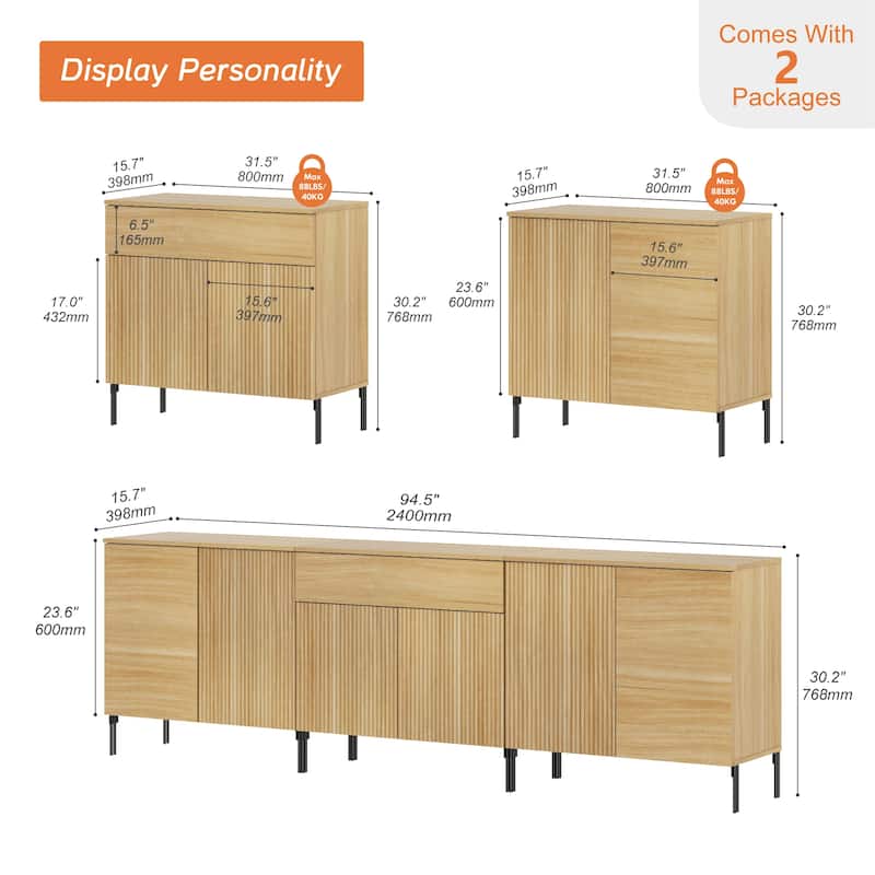 94.5" Modern Reeded Dresser TV Stand For Tvs Up To 100 Inch, Entertainment Center With Adjustable