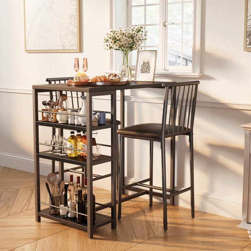3 Pieces Bar Table Set and Chairs Set for 2 with 3 Storage Shelves