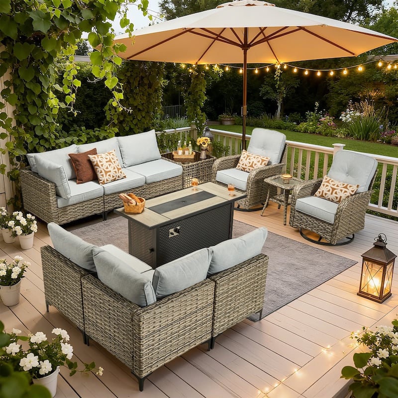 HOOOWOOO 11-piece Outdoor Patio Sofa Wicker Furniture Swivel Chair Set with 54" Fire Pit Table - Grey