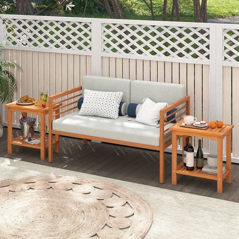 Gymax 2PCS Outdoor Acacia Wood Side Table 2-Tier Patio End Table w/