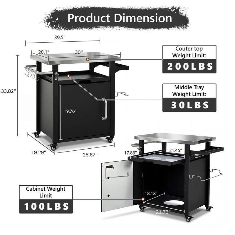 39.5" Outdoor Grill Cart with Stainless Steel Top, Outdoor Kitchen Island with Wheels and Spice & Paper Rack for BBQ
