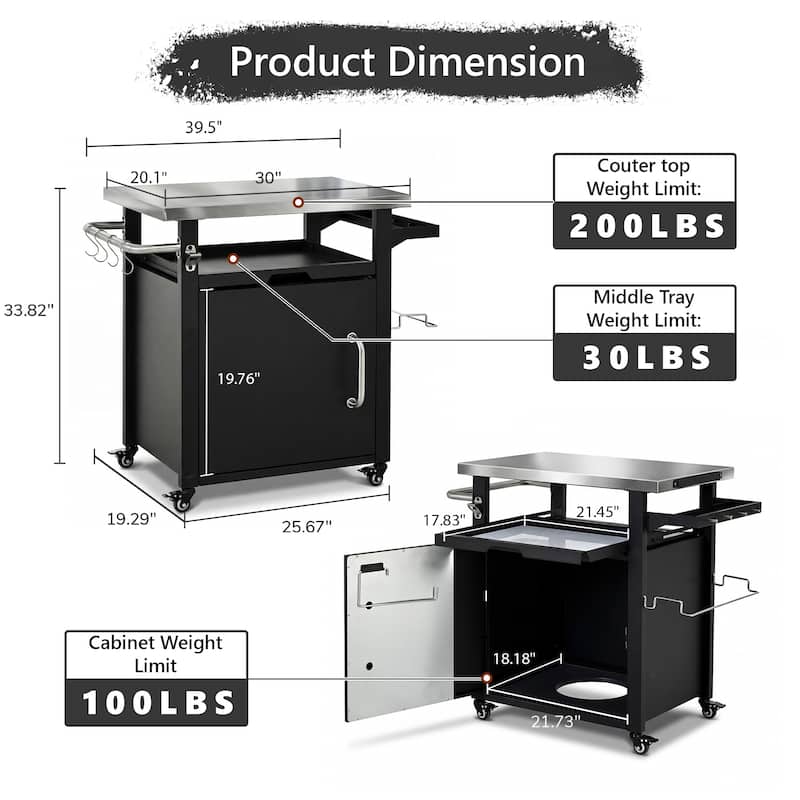 39.5"Outdoor Grill Cart with Storage Cabinet,Bar Cart Pizza Oven Table with Wheels,Stainless Steel Top,with Spice & Paper Rack