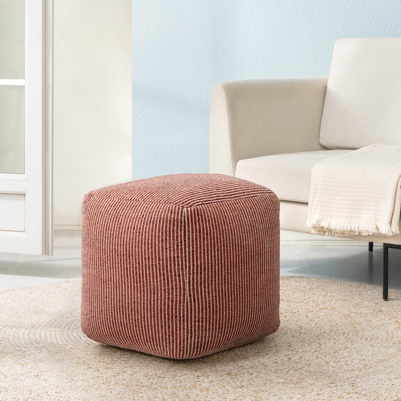 Jani 20-inch Ottoman Pouf - Handcrafted Handmade Ottoman for Seating, Footrest, Home Decor for Living Room, Bedroom - Ivory/Teak