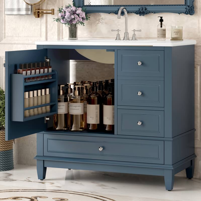 36" Bathroom Vanity with Ceramic Sink - MDF & Solid Wood Base, 3 Drawers & Storage Cabinet, Freestanding Design, 4" Faucet Holes