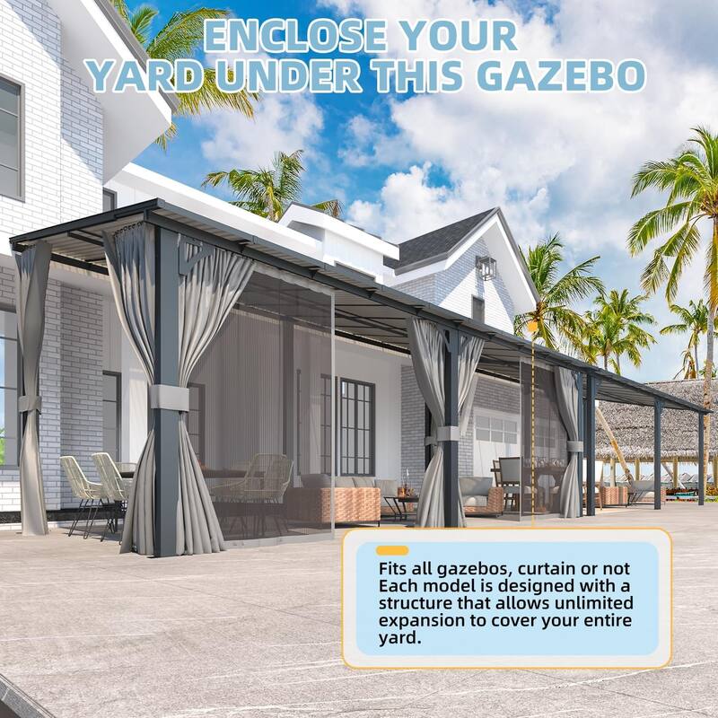 AECOJOY Gazebo for Patio, Small Wall-Mounted Lean to Pergola 8x8 Gazebo with Curtains and Netting, Hard Top Gazebo on Clearance