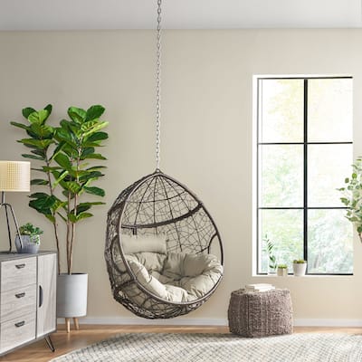 Outdoor Teardrop Hanging Basket Chair with Water-Resistant Tufted Cushion, Rattan Egg Chair, Wicker Swing Chair