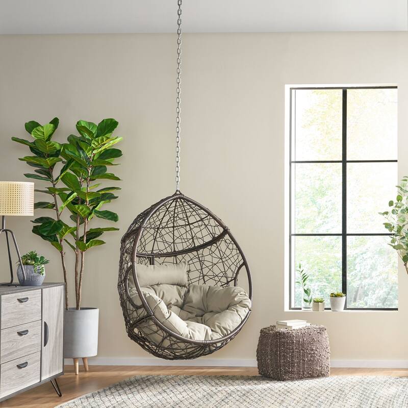 Roomfitters Modern Hanging Egg Chair, Wicker Rattan Swing with Soft Cushions and 8FT Chain, for Indoor Outdoor Use