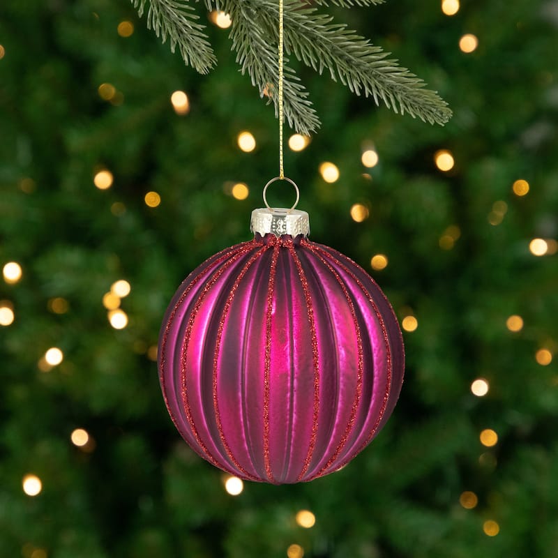 Ribbed Glittered Glass Ball Christmas Ornaments - 3" (75mm) - Maroon - 4ct